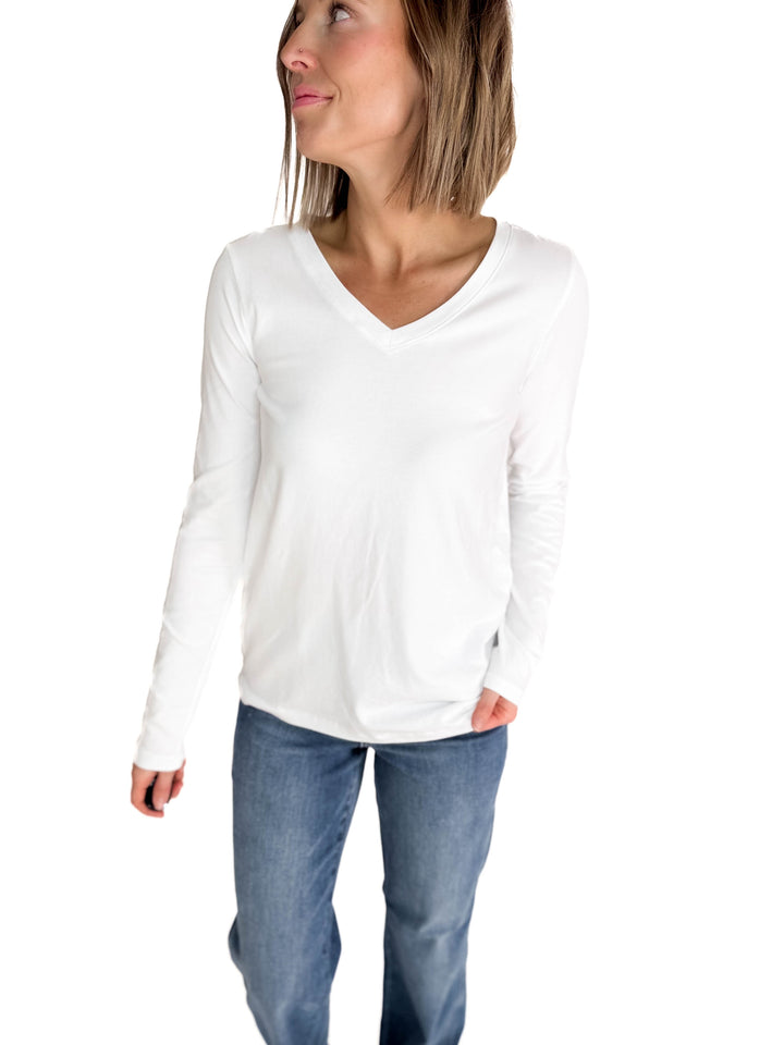 Azura Stretch Cotton Long Sleeve V-Neck Top- WHITE-FINAL SALE