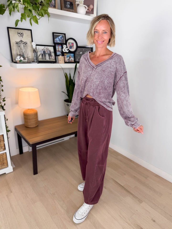Shiloh Washed Cotton Inverted Seam Long Sleeve- EGGPLANT