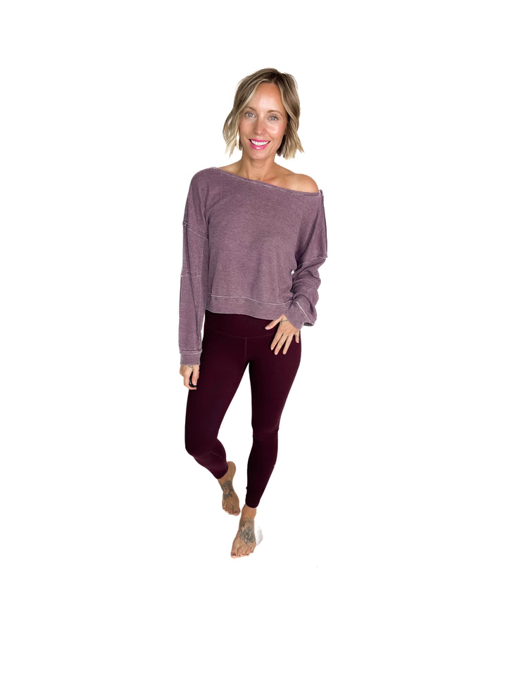 MONO B Aris Waffle Boat Neck Pullover- WASHED PLUM