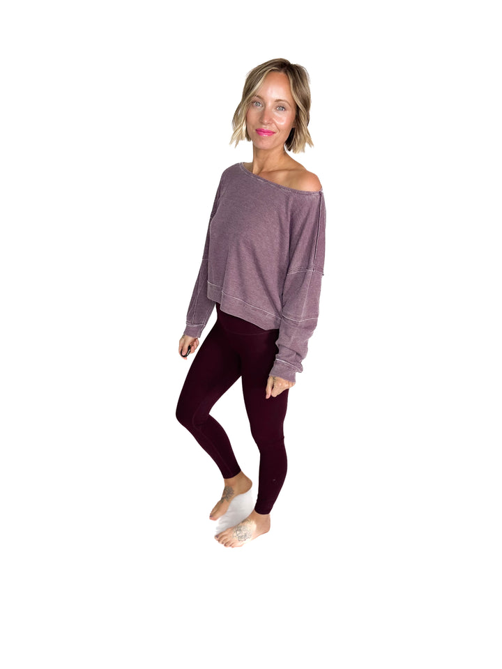 MONO B Aris Waffle Boat Neck Pullover- WASHED PLUM