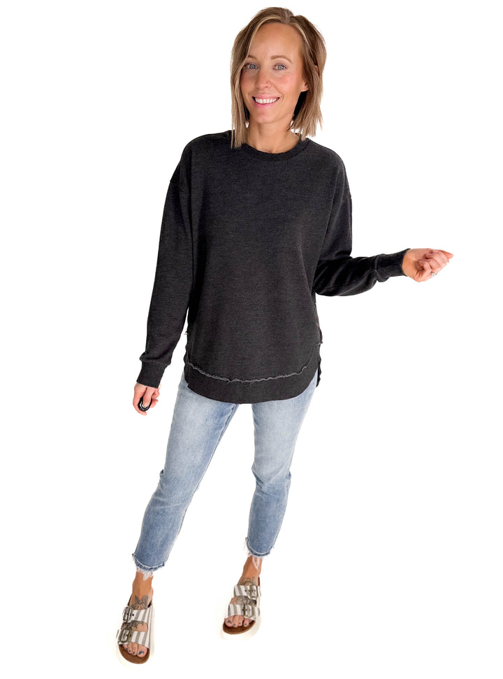 Royce Poncho Round Hem Fleece Crewneck- BLACK-FINAL SALE