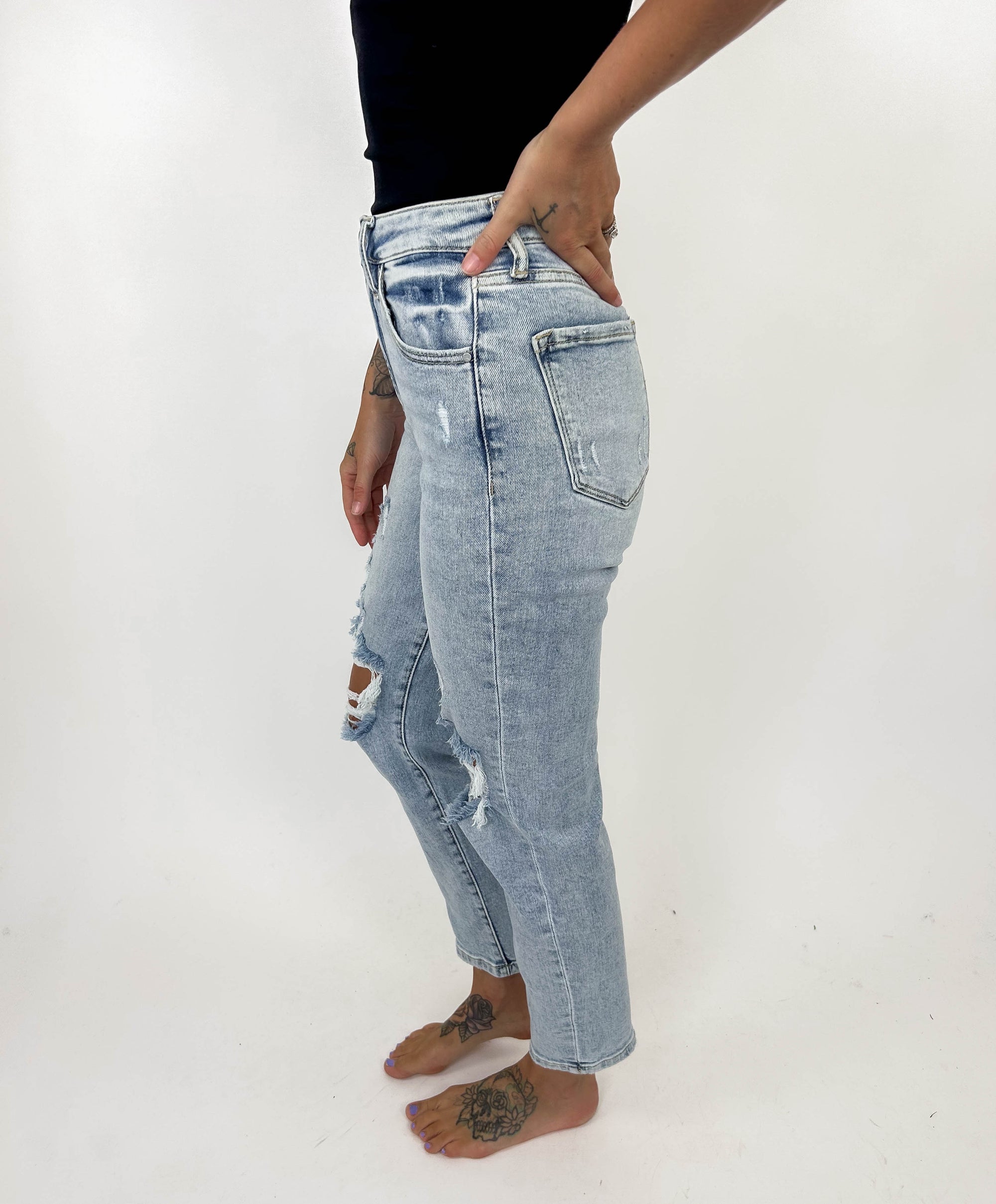Carlene High Rise Distressed Mom Jeans- MEDIUM WASH