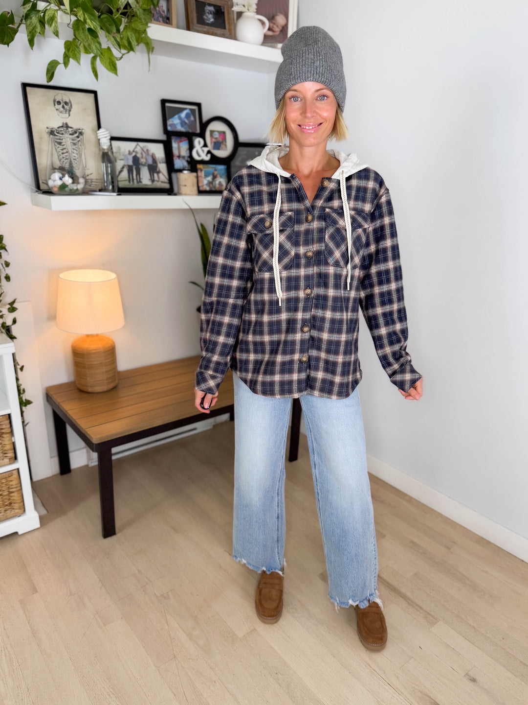 Allspice Fleece Lined Plaid Shacket- NAVY