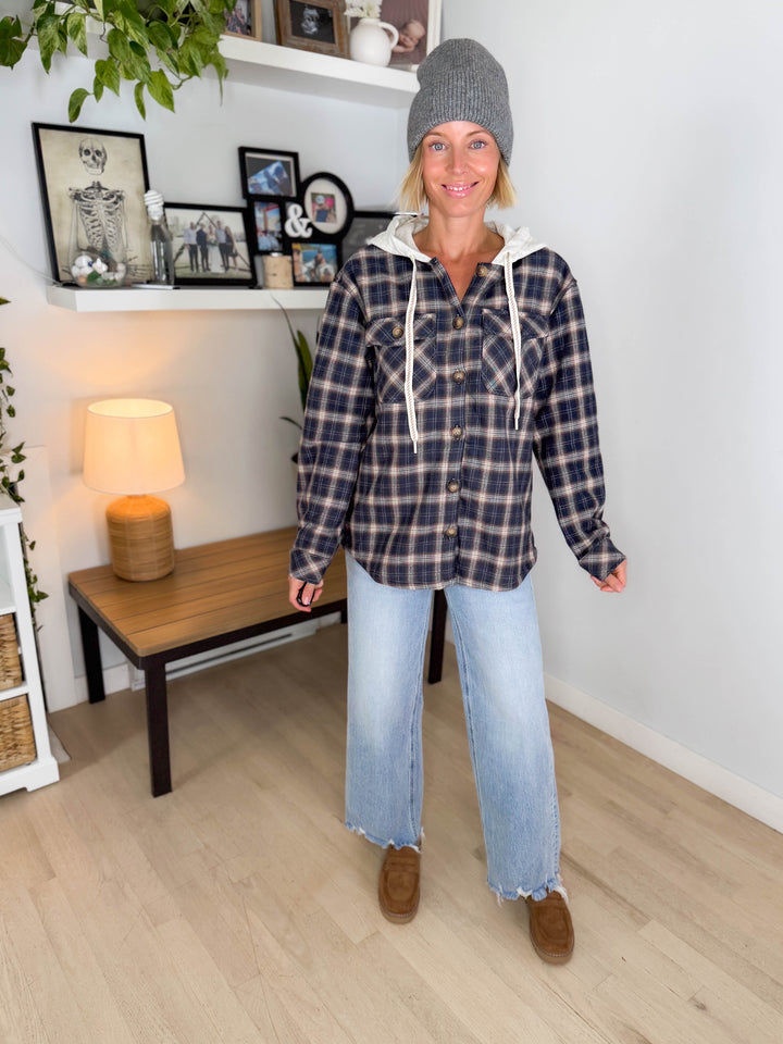 Allspice Fleece Lined Plaid Shacket- NAVY