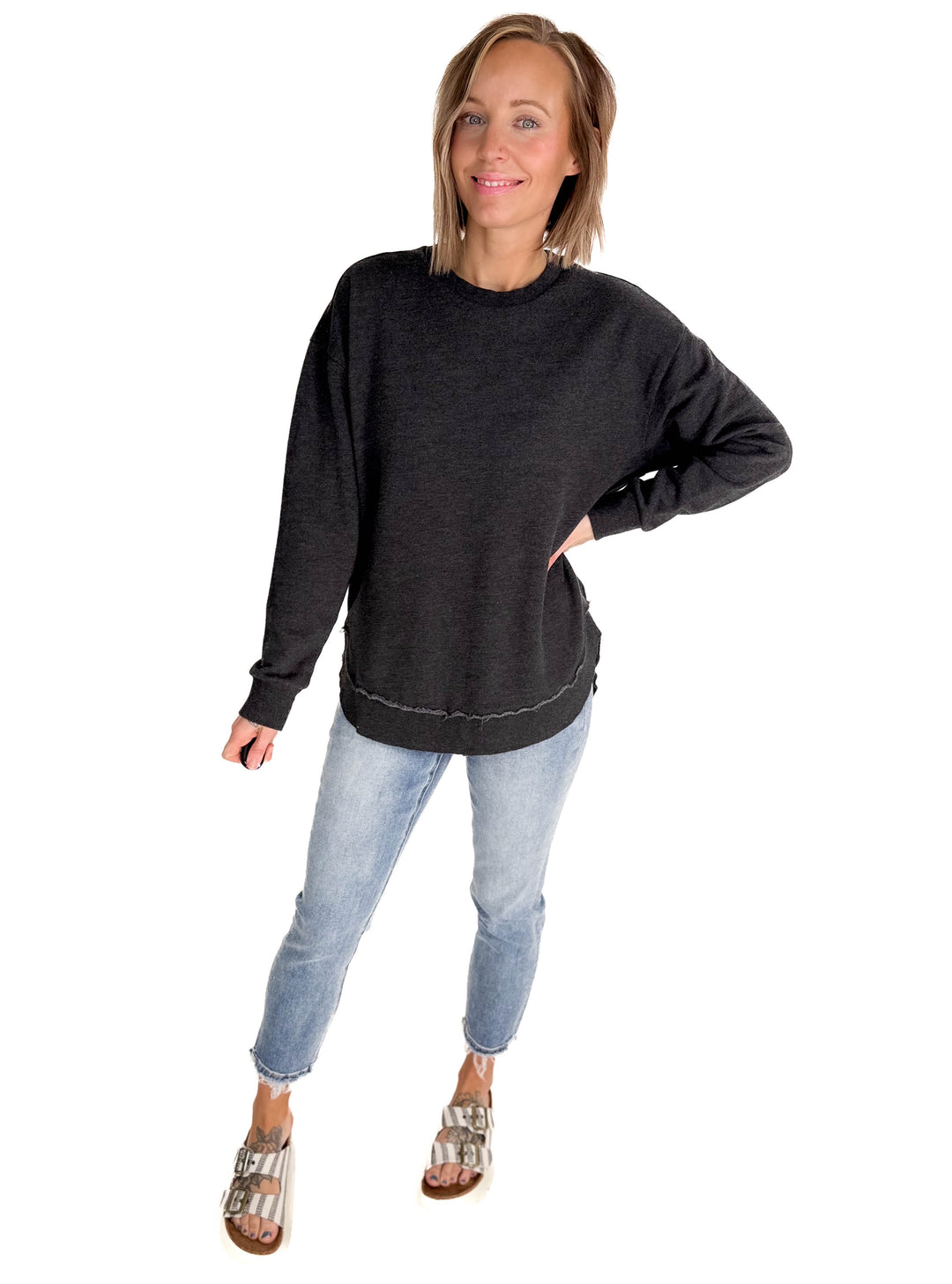 Royce Poncho Round Hem Fleece Crewneck- BLACK-FINAL SALE