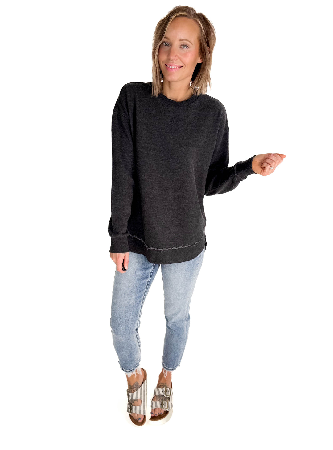 Royce Poncho Round Hem Fleece Crewneck- BLACK-FINAL SALE