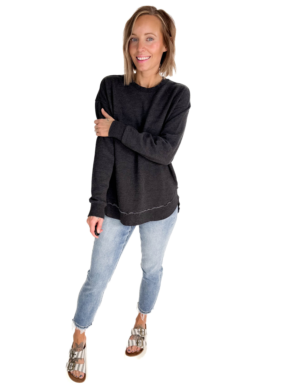 Royce Poncho Round Hem Fleece Crewneck- BLACK-FINAL SALE