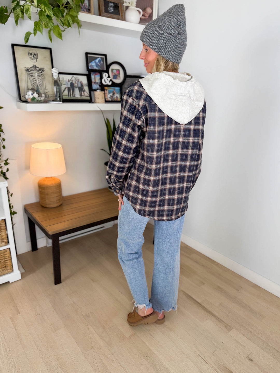 Allspice Fleece Lined Plaid Shacket- NAVY