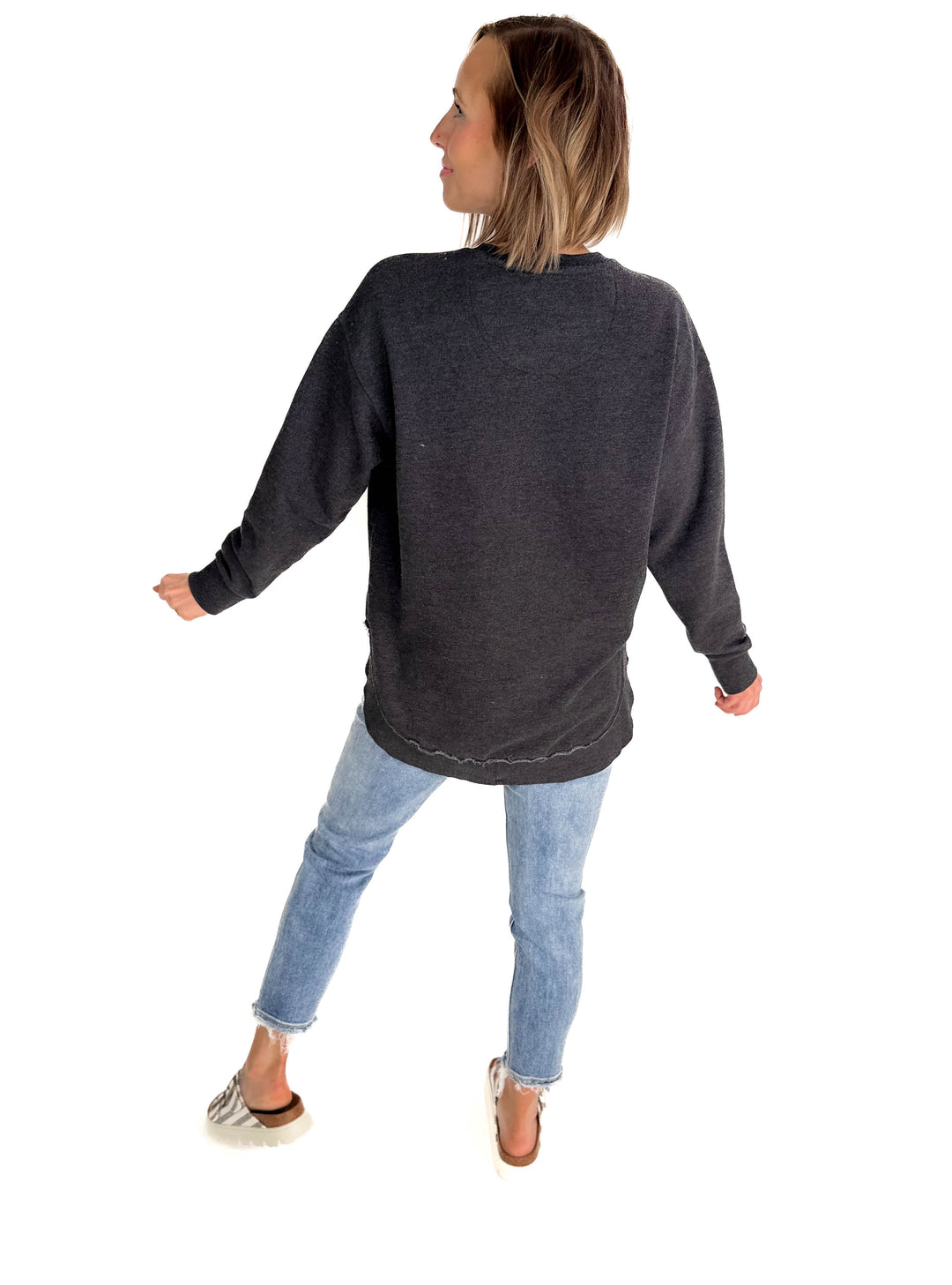 Royce Poncho Round Hem Fleece Crewneck- BLACK-FINAL SALE