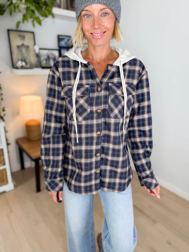 Allspice Fleece Lined Plaid Shacket- NAVY