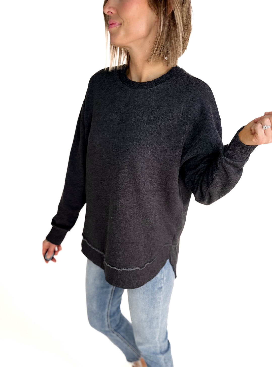 Royce Poncho Round Hem Fleece Crewneck- BLACK-FINAL SALE