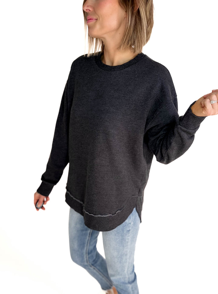 Royce Poncho Round Hem Fleece Crewneck- BLACK-FINAL SALE