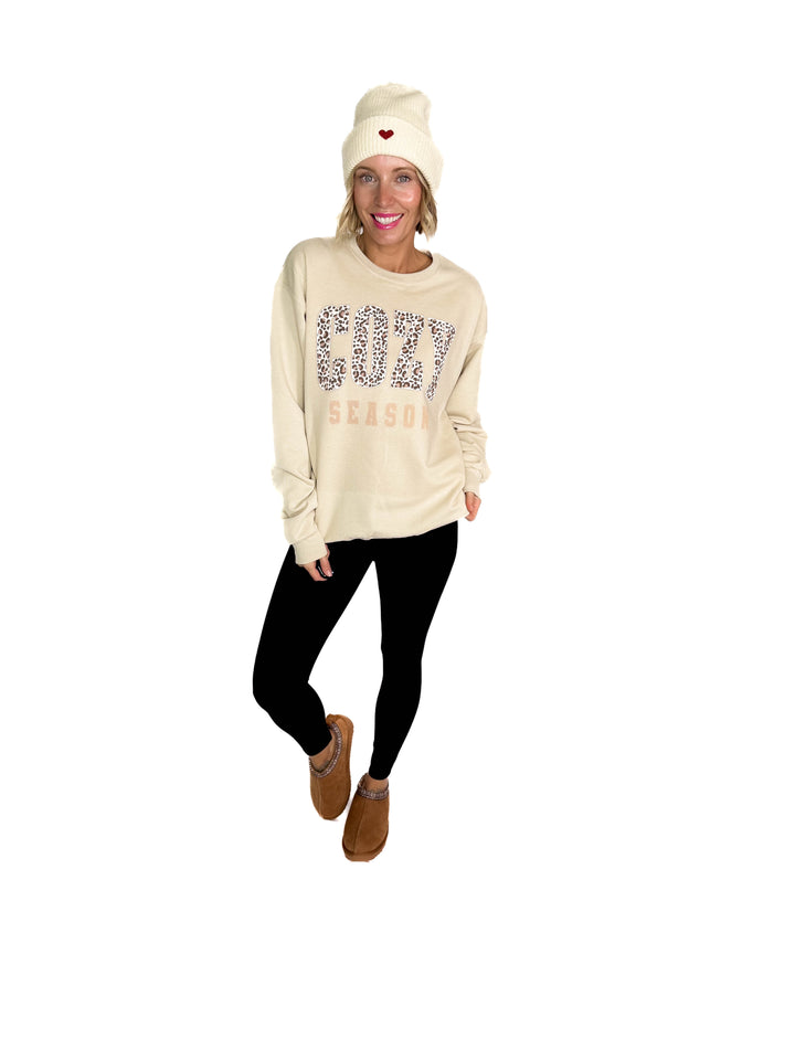 Cozy Season Leopard Graphic Crewneck- OATMEAL