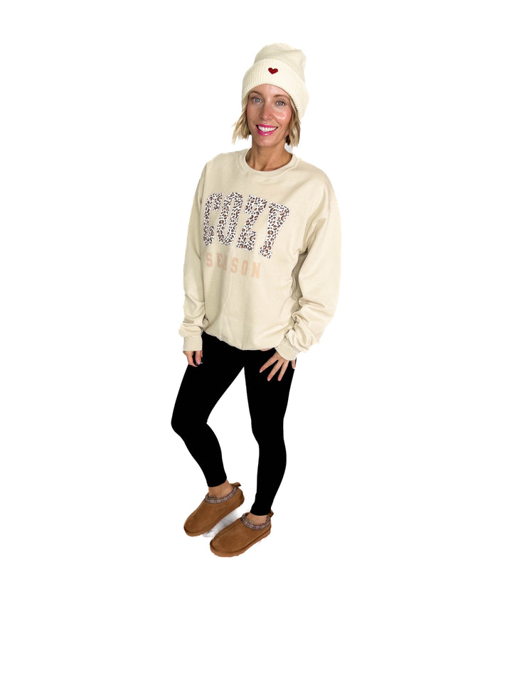 Cozy Season Leopard Graphic Crewneck- OATMEAL