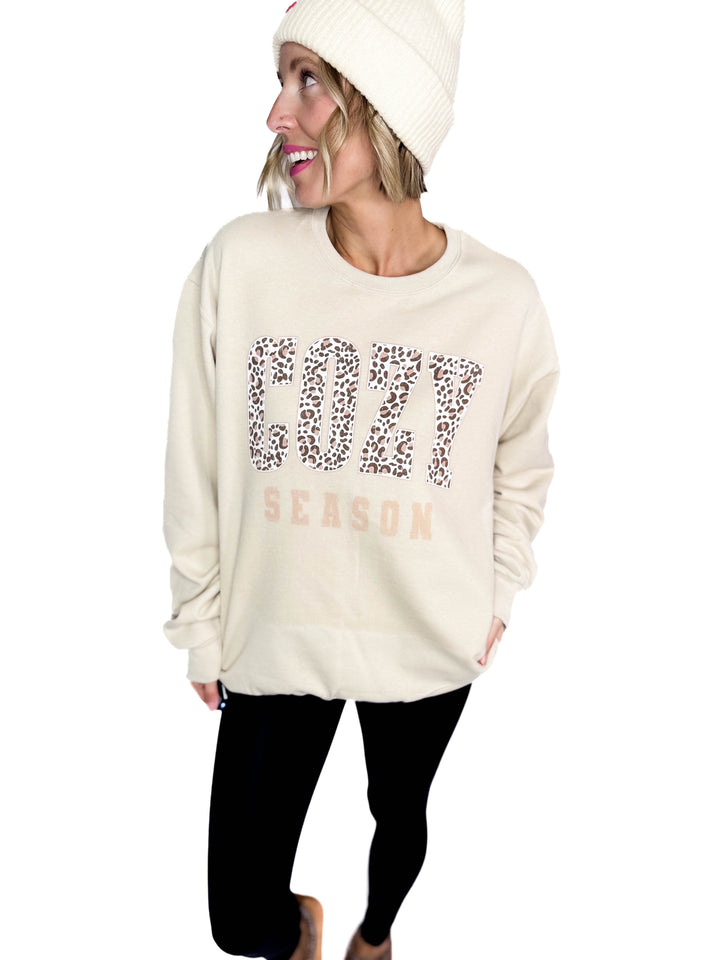 Cozy Season Leopard Graphic Crewneck- OATMEAL