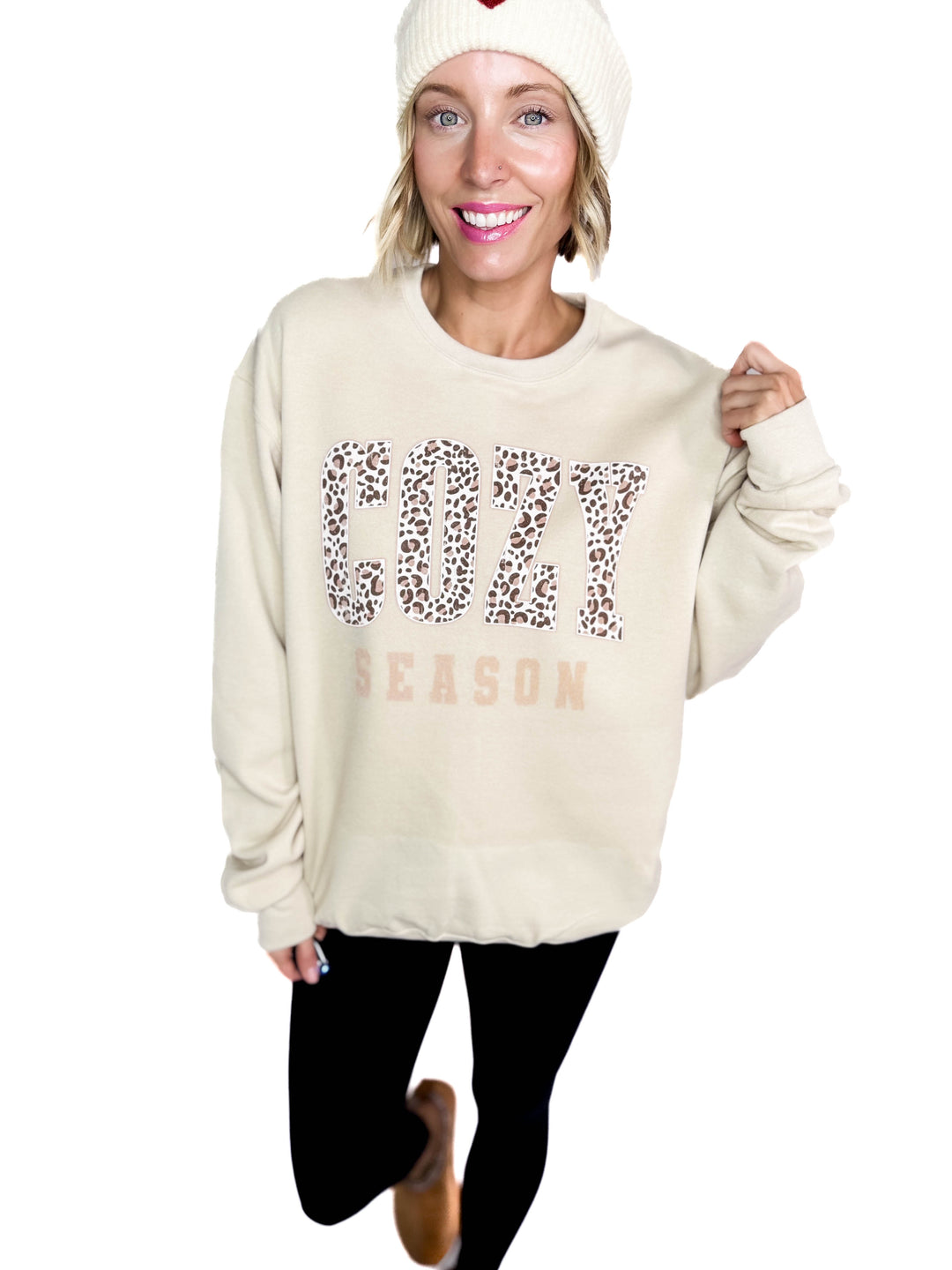 Cozy Season Leopard Graphic Crewneck- OATMEAL