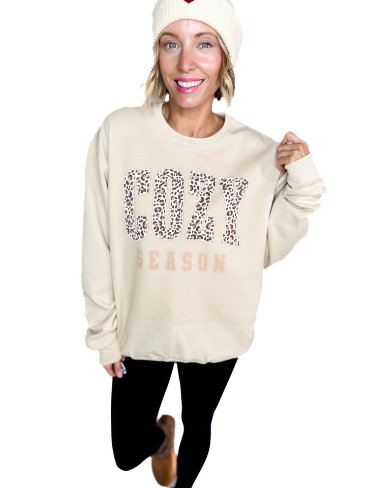 Cozy Season Leopard Graphic Crewneck- OATMEAL
