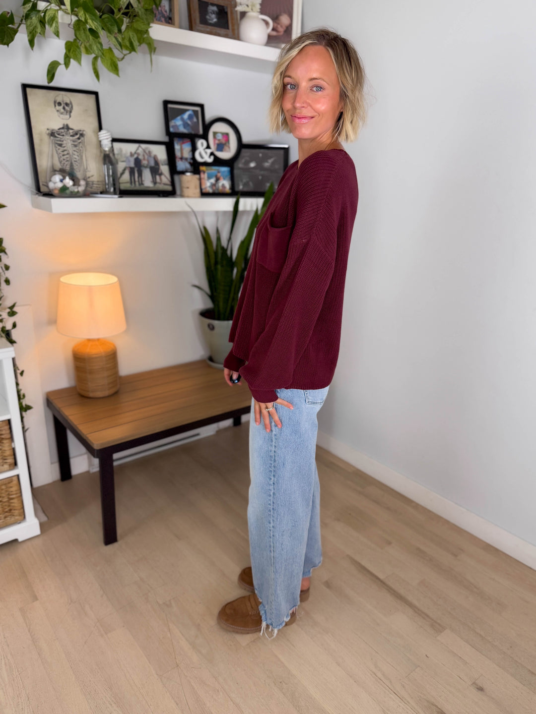Sunday Raw Edge Pocket Sweater- BURGUNDY