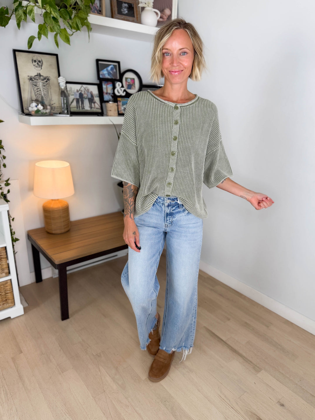 Vesper Washed Cotton Rolled Edge Cardigan- LIGHT OLIVE