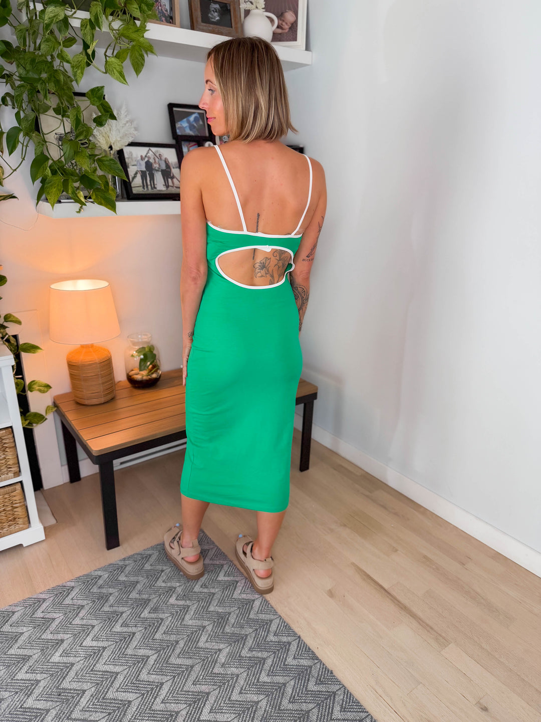 Palm Glow Stretch Cotton Athleisure Dress- GREEN