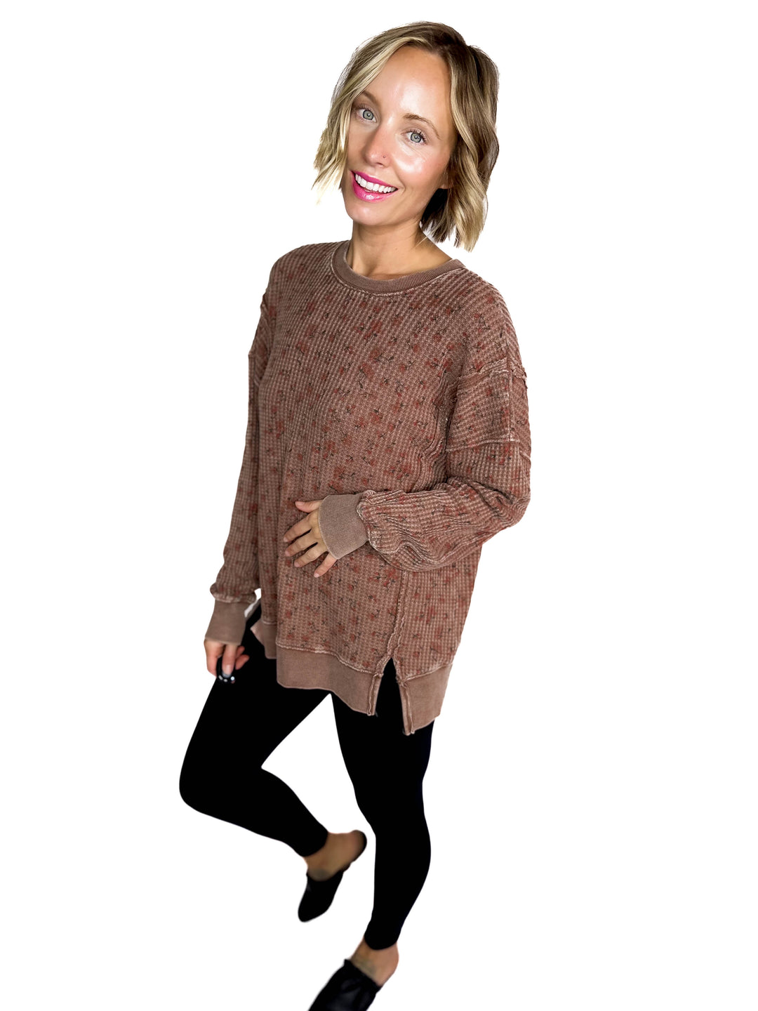 Inka Thermal Vintage Floral Pullover- MOCHA