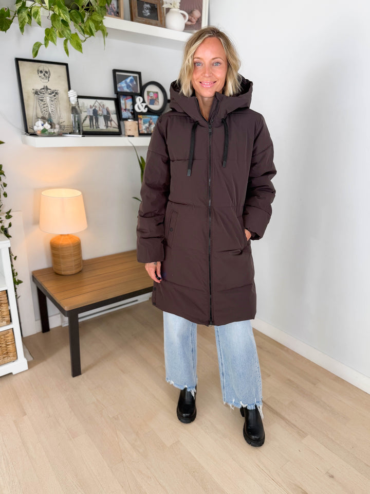 ONLY Blair Long Hooded Puffer Jacket- CHOCOLATE