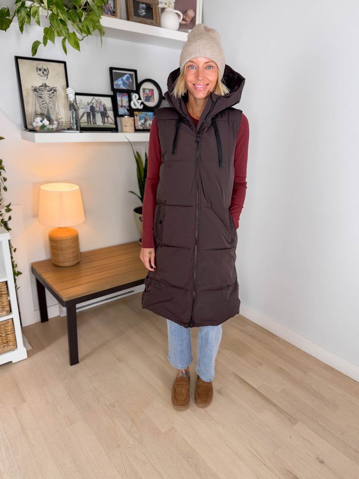 ONLY Blair Long Hooded Puffer Vest- CHOCOLATE TORTE