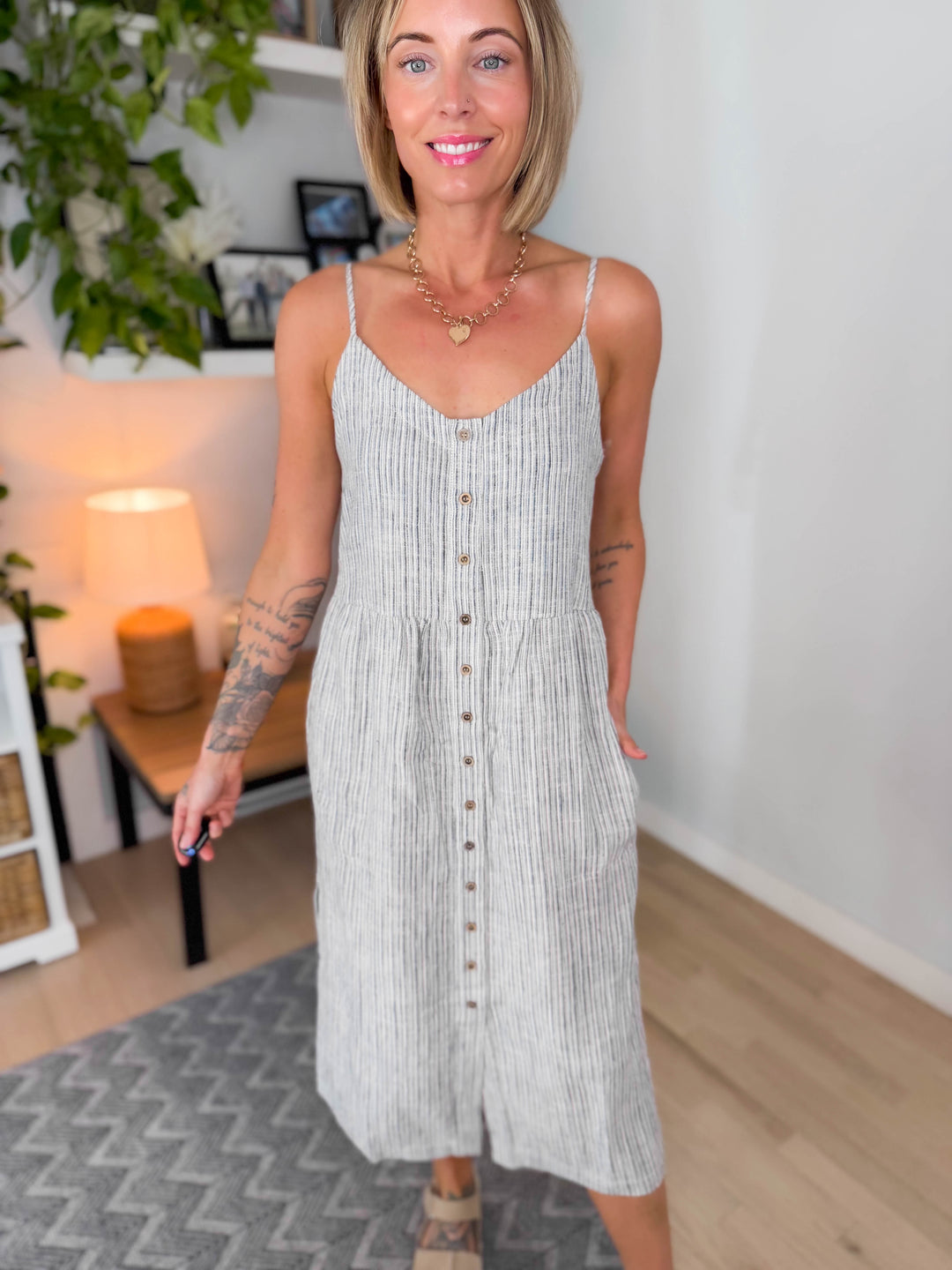 Arlowe Linen Blend Tank Dress- SLATE STRIPE