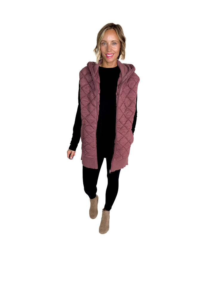 Mono B Celeste Quilted Hoodie Vest- ROSE TAUPE