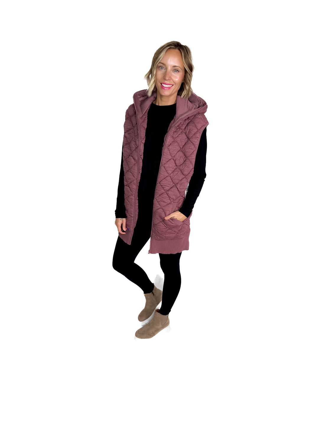 Mono B Celeste Quilted Hoodie Vest- ROSE TAUPE