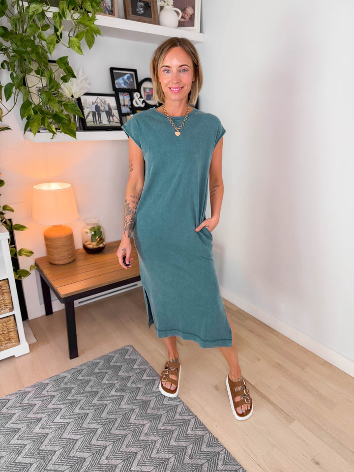 Coasta Washed Cotton Midi Dress- DARK TEAL