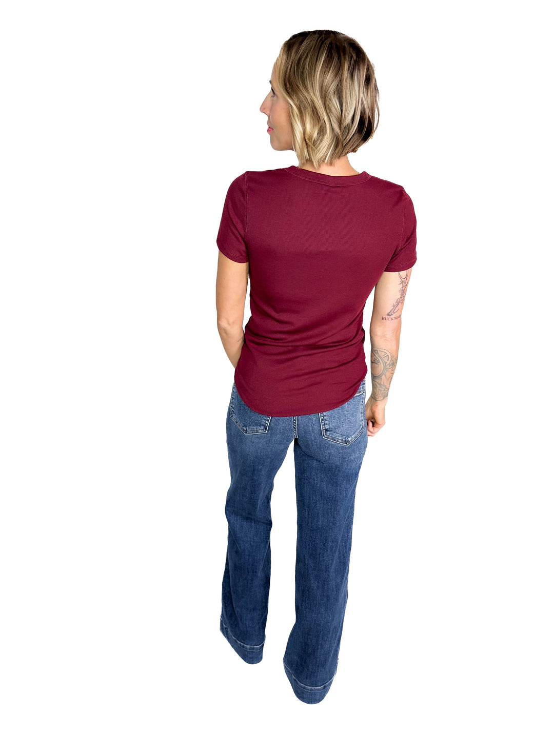 Beth Ribbed Short Sleeve- BURGUNDY
