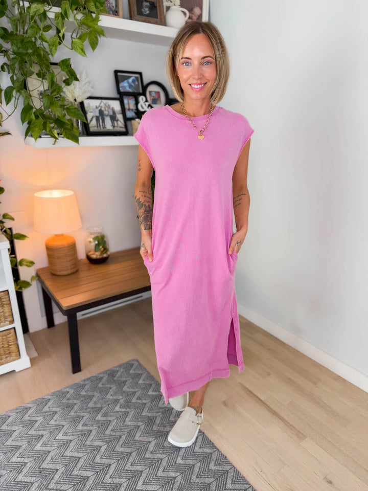 Coasta Washed Cotton Midi Dress- FUCHSIA