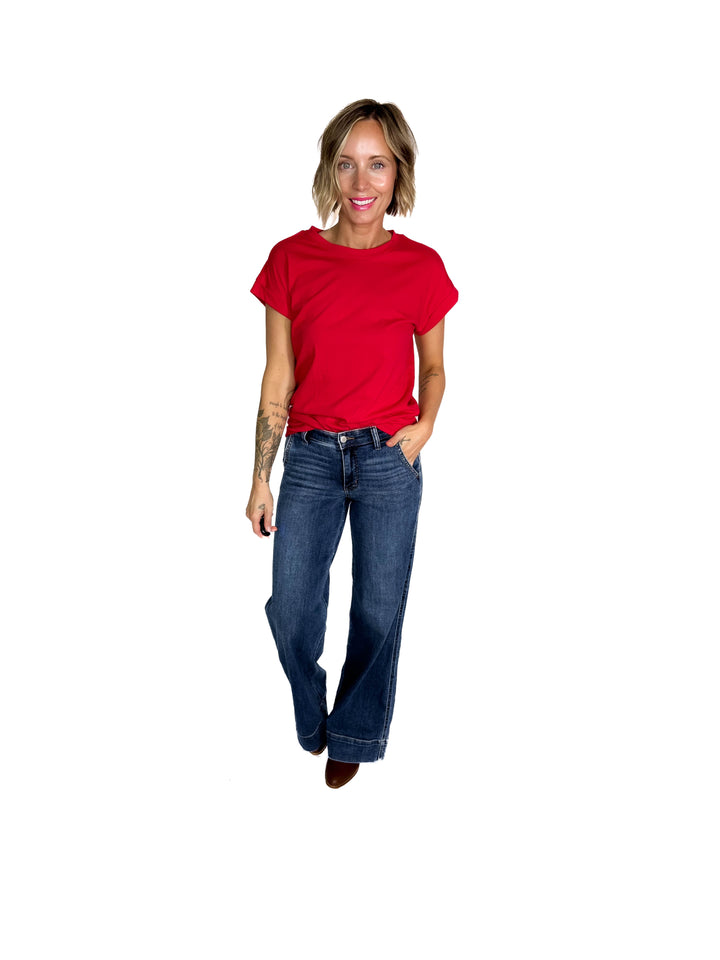 Edna Cotton Folded Sleeve T-Shirt- RUBY