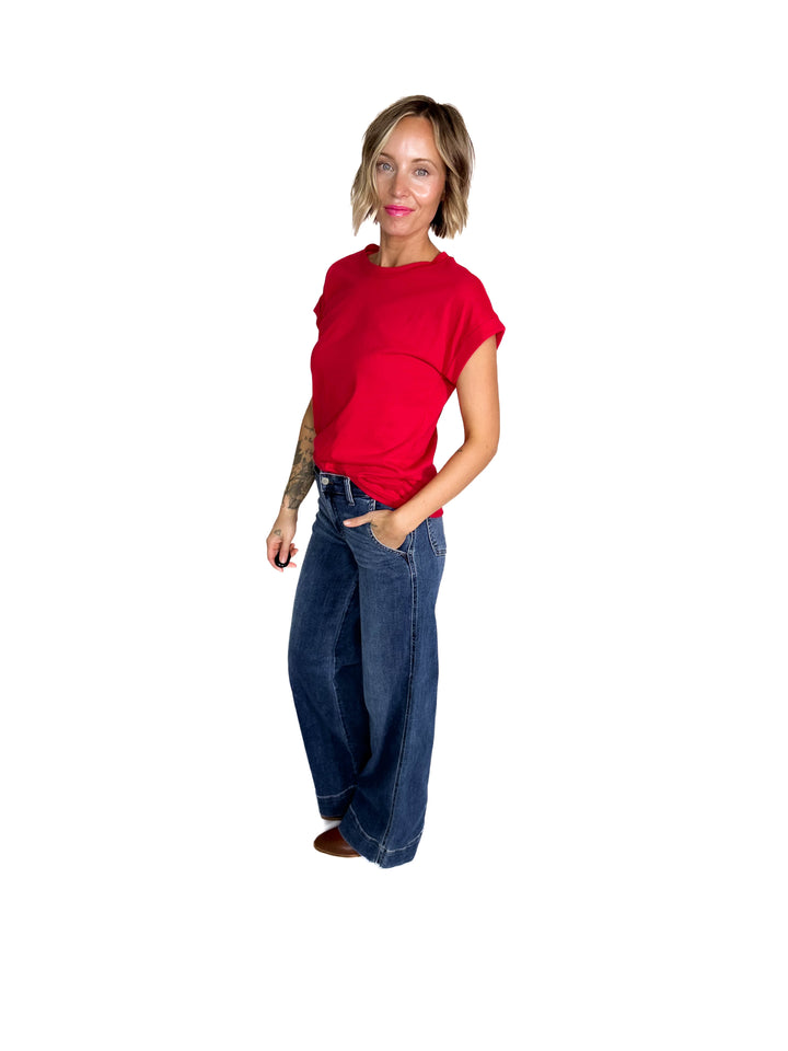 Edna Cotton Folded Sleeve T-Shirt- RUBY