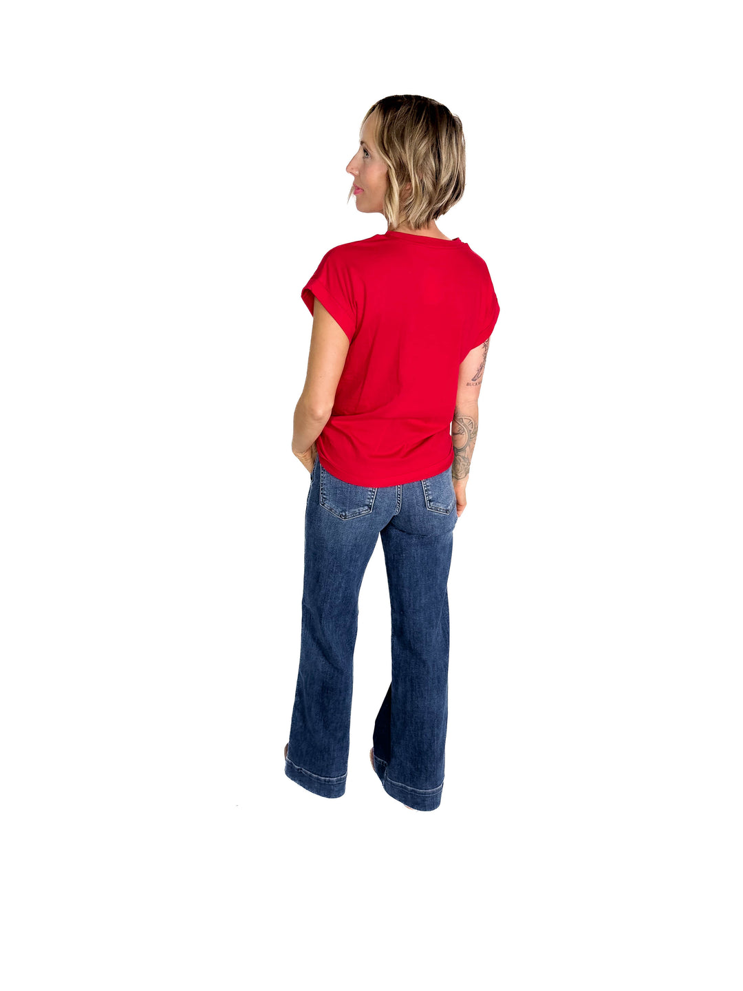 Edna Cotton Folded Sleeve T-Shirt- RUBY