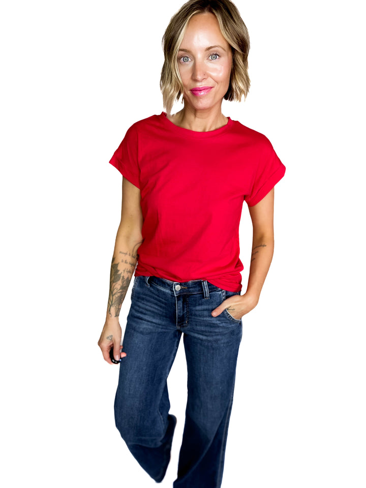 Edna Cotton Folded Sleeve T-Shirt- RUBY