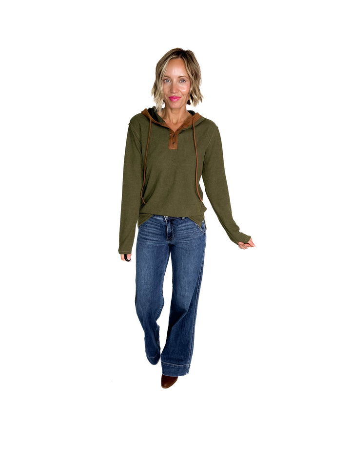 Gina Thermal Button Henley Hoodie- OLIVE