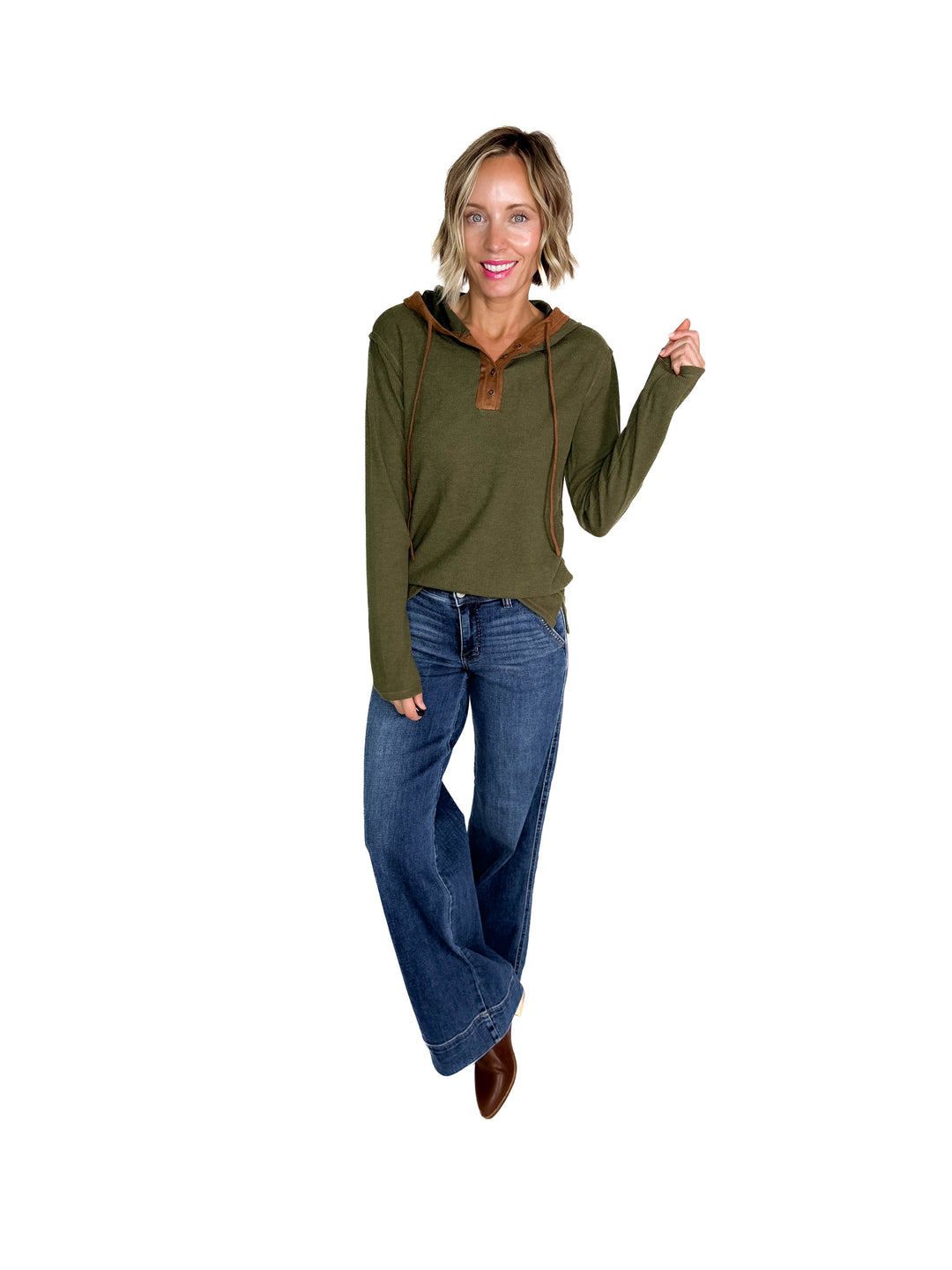 Gina Thermal Button Henley Hoodie- OLIVE