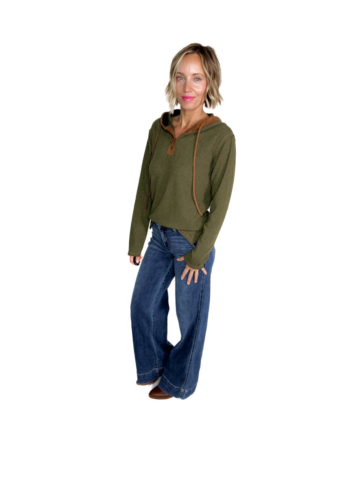 Gina Thermal Button Henley Hoodie- OLIVE