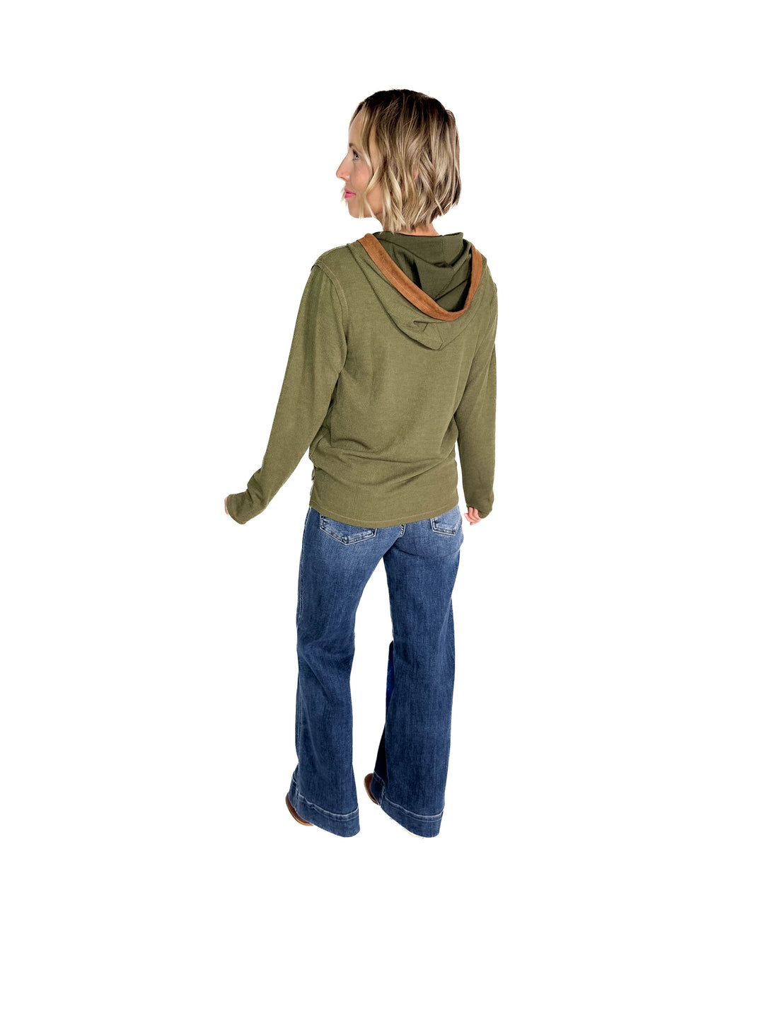 Gina Thermal Button Henley Hoodie- OLIVE