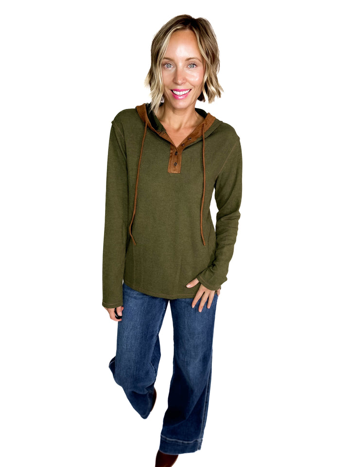 Gina Thermal Button Henley Hoodie- OLIVE