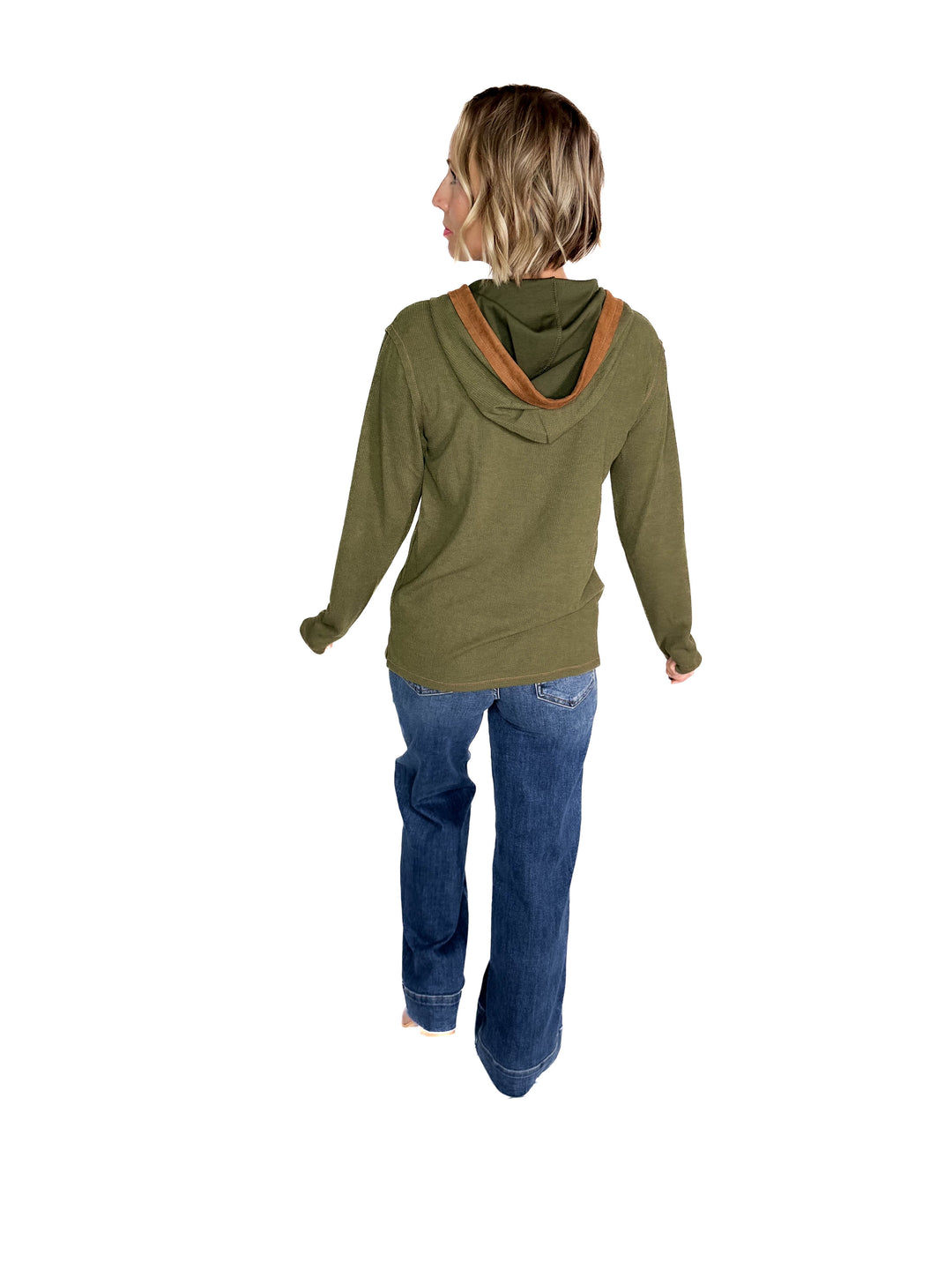 Gina Thermal Button Henley Hoodie- OLIVE