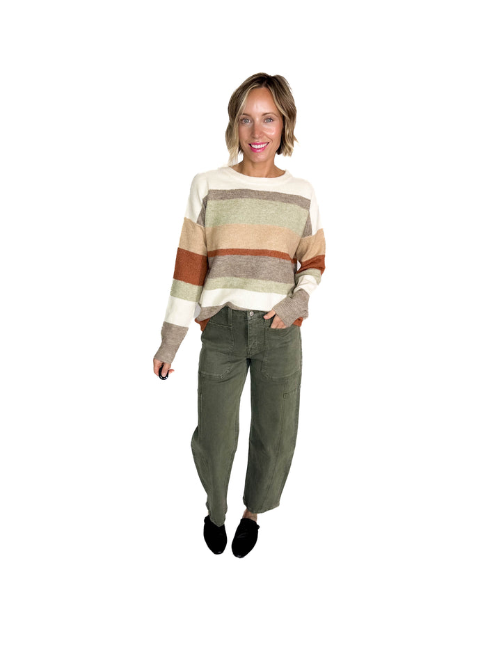 Jamie Colour Block Crew Neck Sweater- MOCHA/TAUPE
