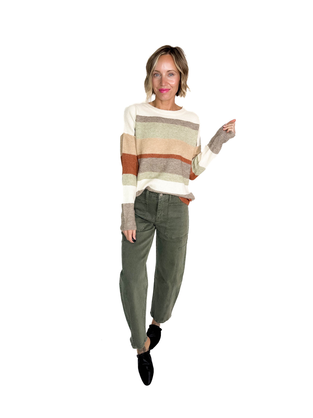 Jamie Colour Block Crew Neck Sweater- MOCHA/TAUPE