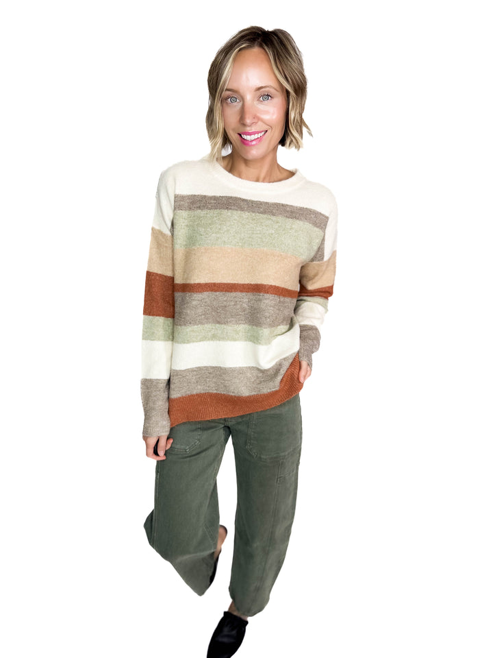 Jamie Colour Block Crew Neck Sweater- MOCHA/TAUPE
