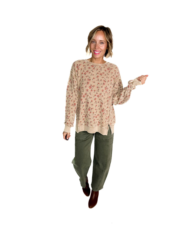 Inka Thermal Vintage Floral Pullover- ALMOND