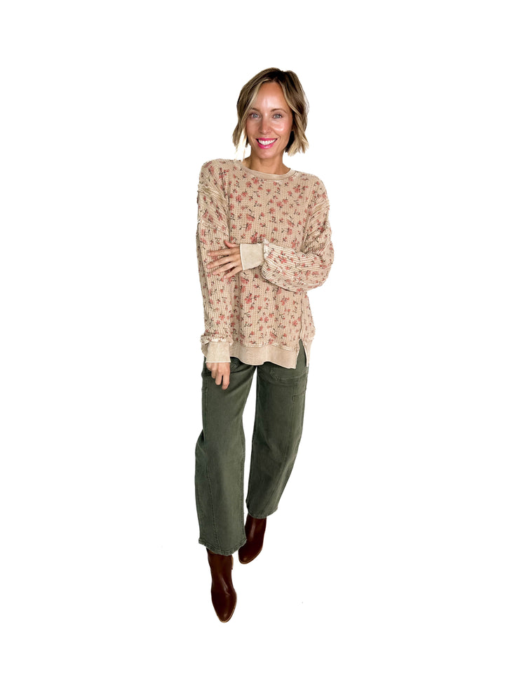 Inka Thermal Vintage Floral Pullover- ALMOND