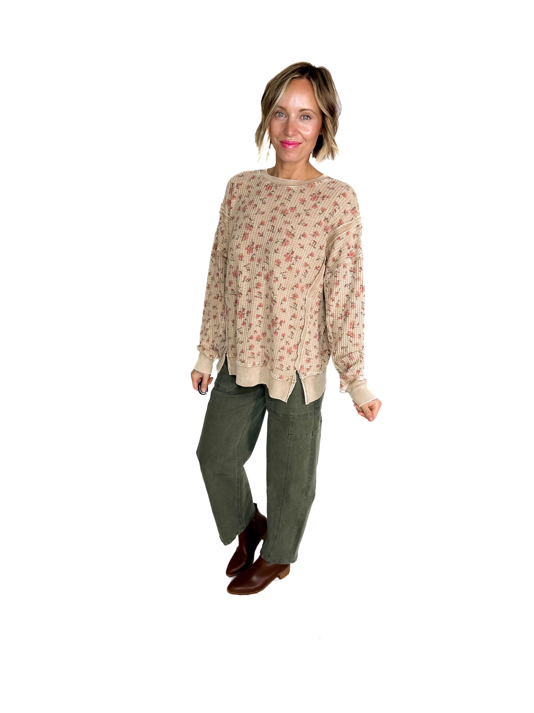 Inka Thermal Vintage Floral Pullover- ALMOND