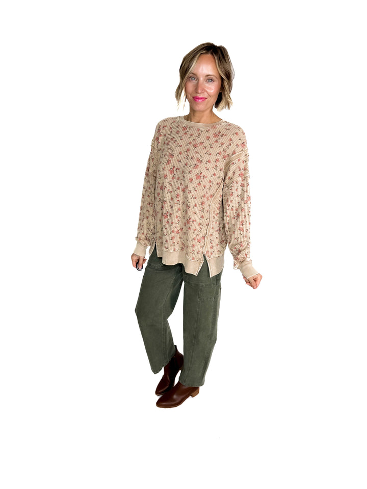 Inka Thermal Vintage Floral Pullover- ALMOND